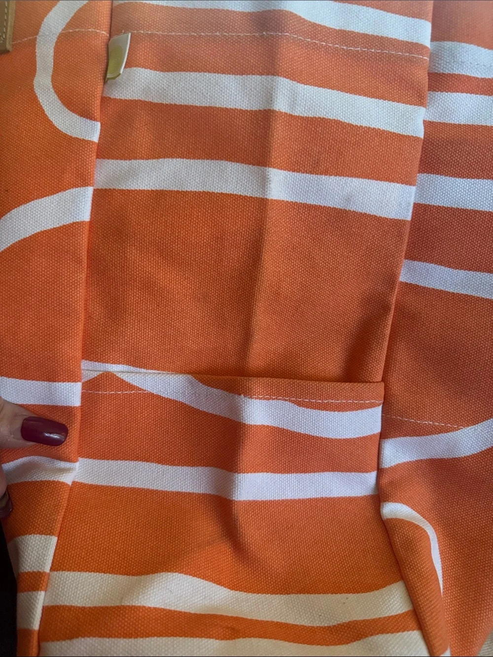 Orange Canvas Tote with White Abstract Loop Pattern and Tan Handles
